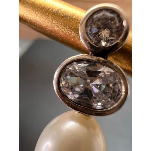 Cultured pearl and CZ sterling silver drop earrings - Picture 5 of 14